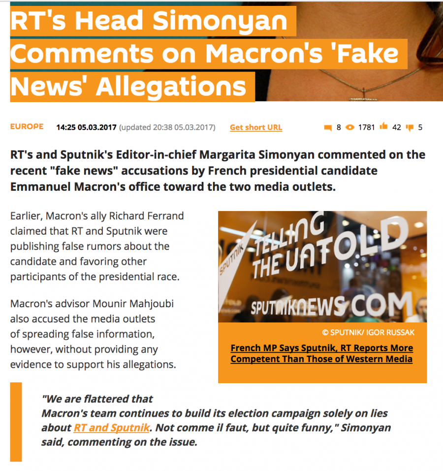 Margarita Simonyan, editor-in-chief of RT and Sputnik, shrugged off the accusations in France her Russian outlets were spreading fake news. Margarita Simonyan, editor-in-chief of RT and Sputnik, shrugged off the accusations in France her Russian outlets were spreading fake news.